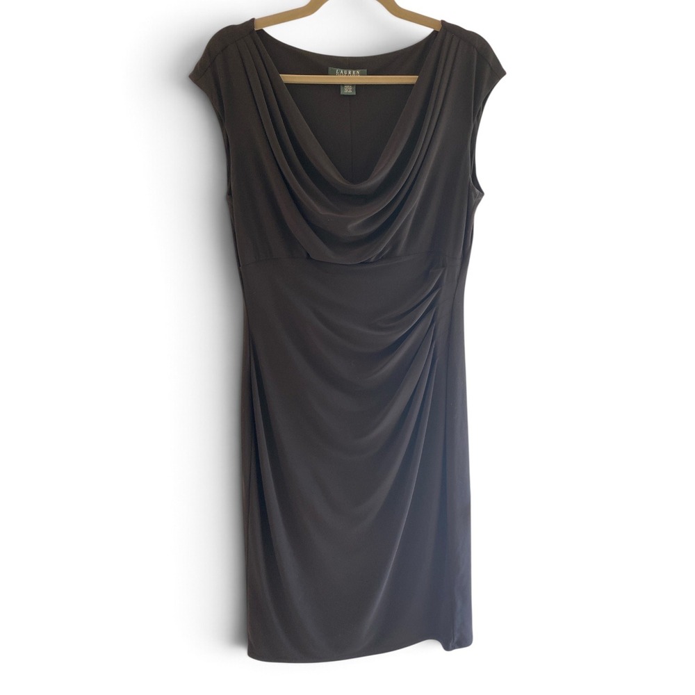 Lauren Ralph Lauren Brown Cowl Neck Ruched Sheath Dress Size 12